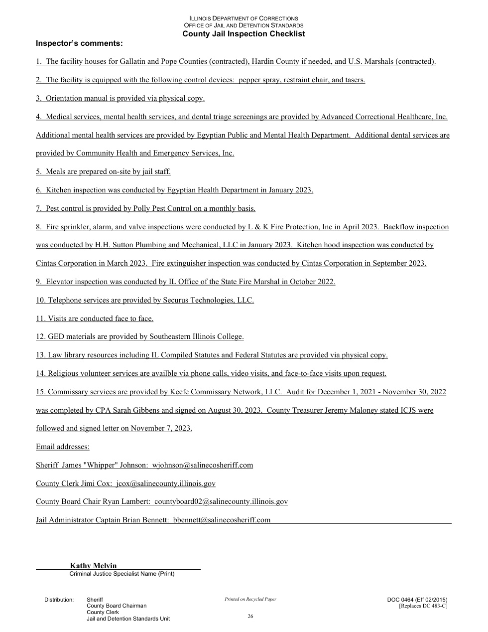Saline County Jail inspection record documenting contracted housing for Gallatin County detainees