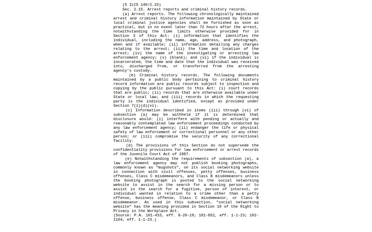 Illinois arrest reports and booking photograph statute source for Gallatin County records