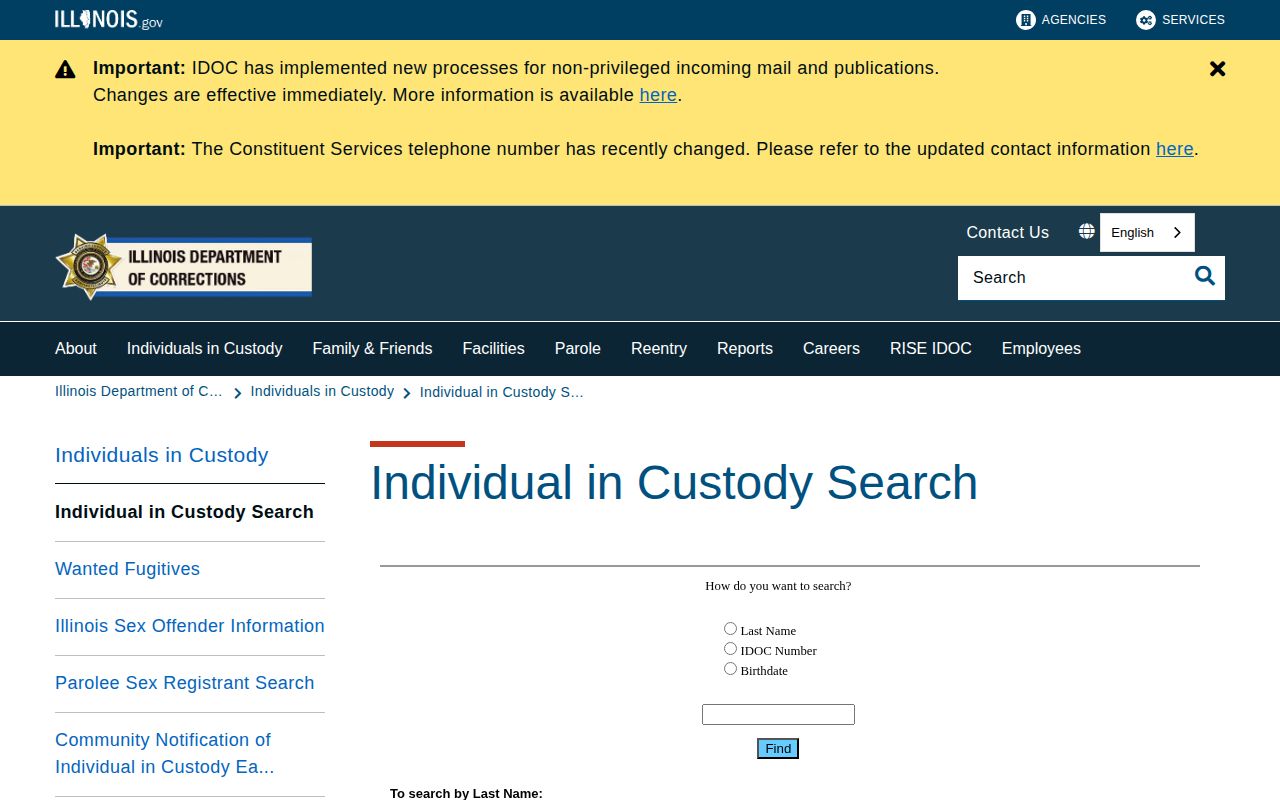 Illinois Department of Corrections offender search for later state custody records and photos