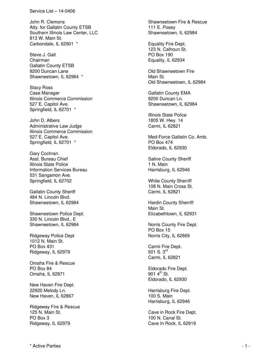 Gallatin County Illinois Commerce Commission service-list entry for the Ridgeway Police Dept agency address